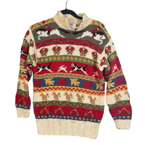 Susan Bristol Sweaters - Vintage Susan Bristol Hand Knit Womens Sweater Size 36 Fall Squirrel Dog Leaves